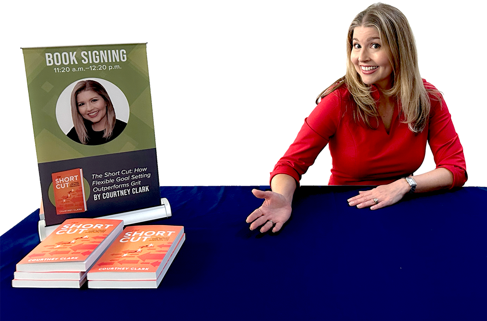 courtney at book table